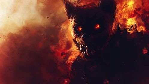 Demonic bear silhouette emerges from blazing inferno
