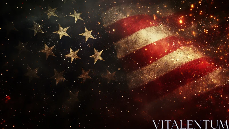 Distressed American flag rendered with glowing particle embers and gritty texture