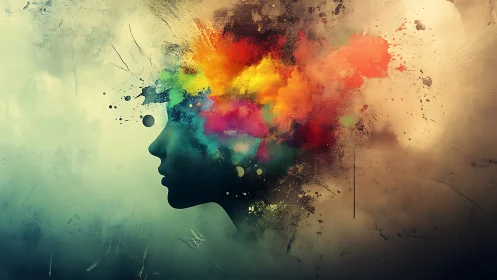 Color storms burst from a dreaming silhouette suspended in mist