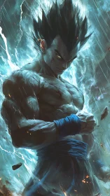 Electrified anime warrior with volumetric aura and dynamic rain lighting