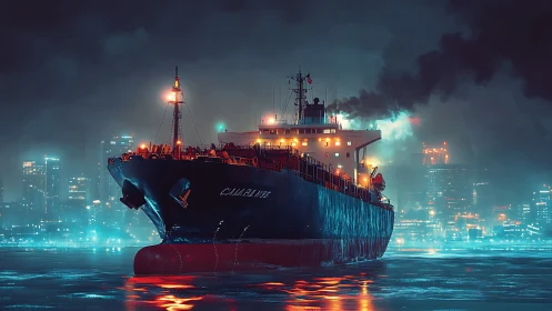 Midnight cargo titan gliding through neon harbor fog.