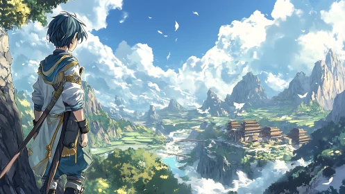 Figure observes expansive valley landscape with distant complex