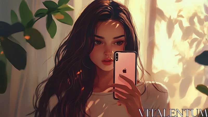 Young woman captures a quiet selfie in golden window light