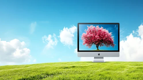 Desktop display framing vivid cherry tree in open field.
