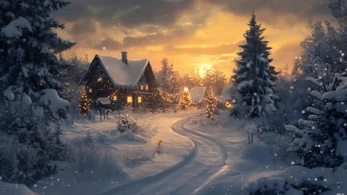 Snow-dusted cabin glow along a winding winter wishroad.
