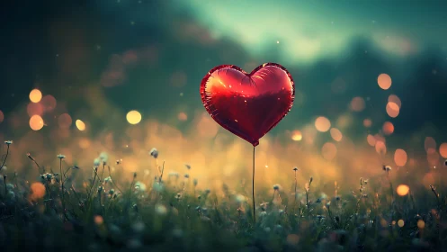Red Heart Balloon Rising Through Golden Wildflower Field