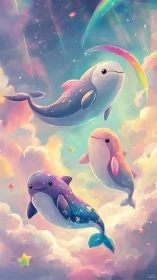 Dreamy pastel space whales drifting through rainbow sky.