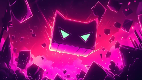 Neon cosmic cat cube dives through glowing pink chaos.