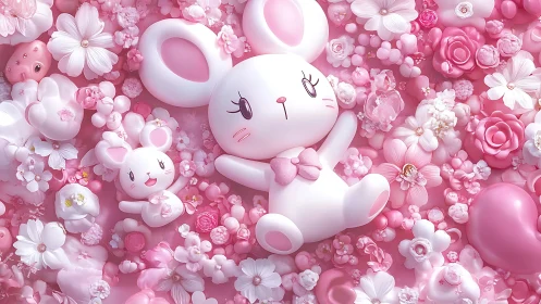 Pink rabbit toys lie among dense floral decorations