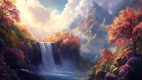 Autumn waterfall valley beneath towering sunlit peaks.