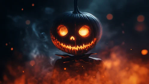 Smoldering jack o lantern smiles brightly in swirling night fog
