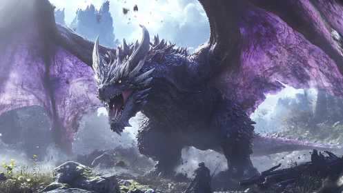 Colossal amethyst-winged dragon confronting lone armored figure.