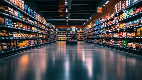 Empty supermarket aisle with stocked shelves at night.