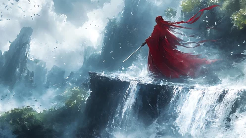 Red cloaked swordsman stands over misty cliff waterfall.