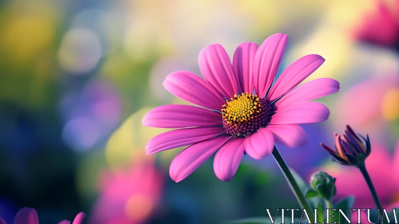 Vibrant pink daisy in dreamy shallow-focus garden scene.