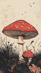 Fly agaric mushrooms dominate moody forest floor illustration.
