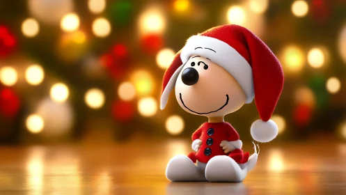 Cartoon dog figurine wears Santa outfit in soft bokeh light