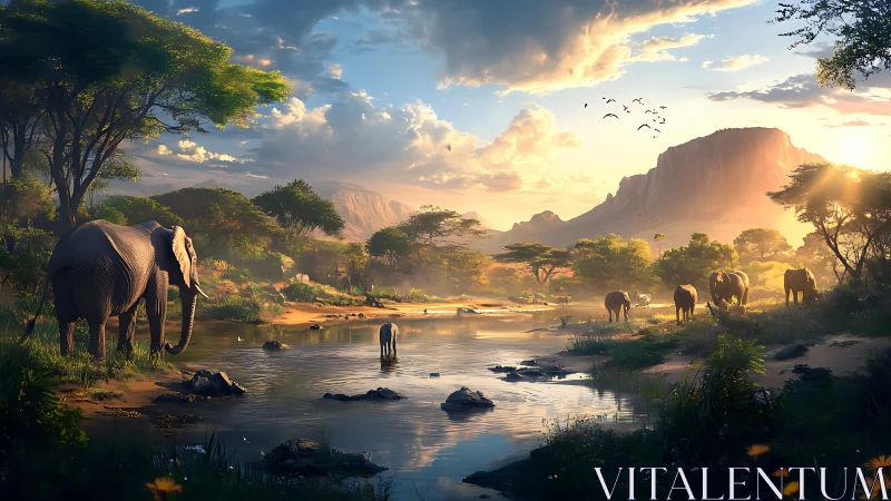 Elephant riverine panorama under volumetric savanna light.