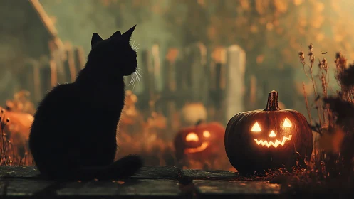 Black cat silhouette with illuminated jack-o-lantern pumpkin in autumn setting