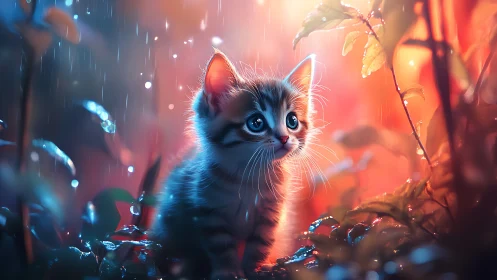 Ethereal Kitten in Neon Rain: 3D Digital Surrealism.