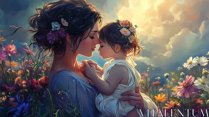 Mother and child share tender embrace in glowing flower field