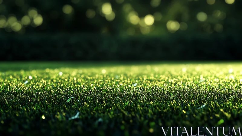 Sunlit grass surface is shown in shallow depth of field view