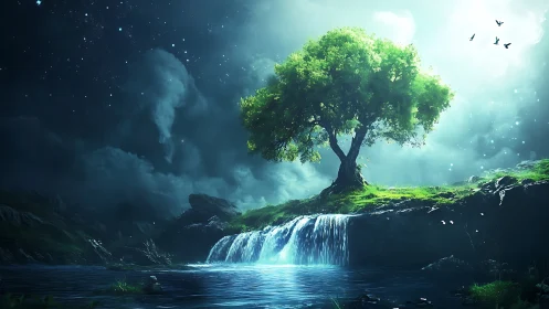 Lone illuminated tree above small waterfall at night.