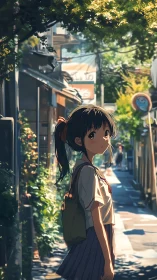 Anime schoolgirl under dappled sunlight on quiet alleyway.