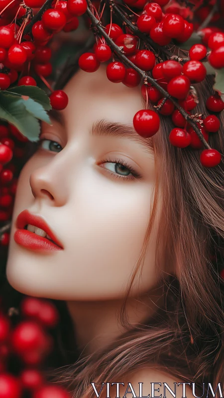 Close portrait of female face framed by red berry clusters.