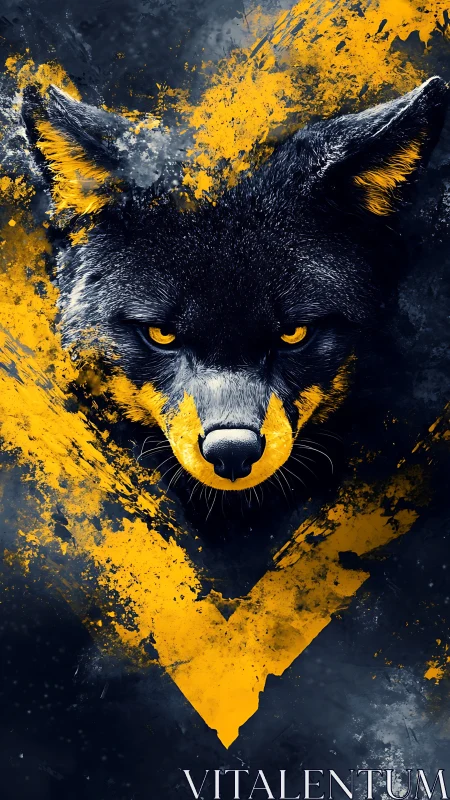 Storm-eyed wolf ignites in midnight gold and shadowed flame.