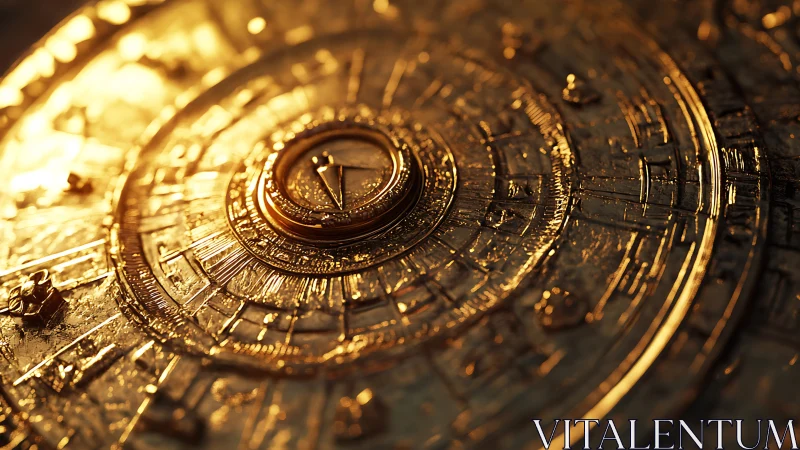 Golden celestial compass glows across engraved radial disk