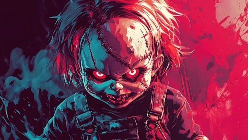 Stitched horror doll portrait with red cyan split lighting