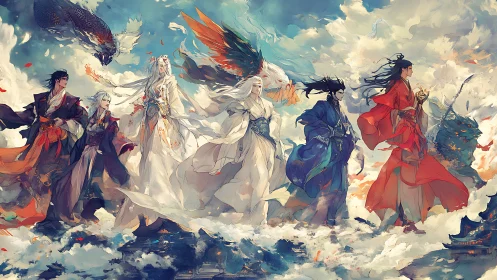 Celestial wanderers stride through storms of silk and sky