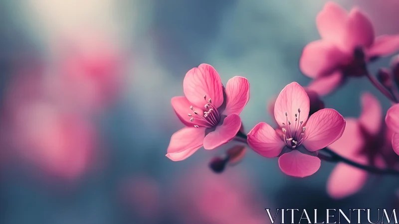 Pink Cherry Blossoms Backlit Against Soft Blue Bokeh.