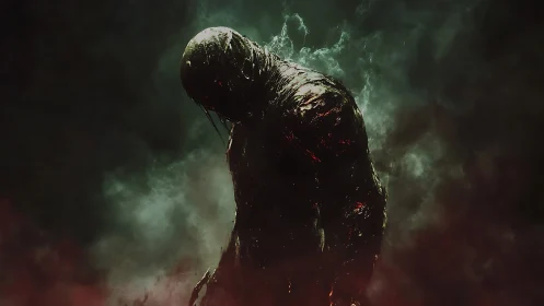 Charred humanoid silhouette emerges through dense toxic fog