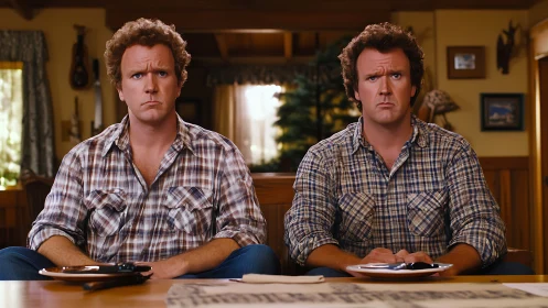 Twin middle-aged men in plaid shirts seated at wooden table