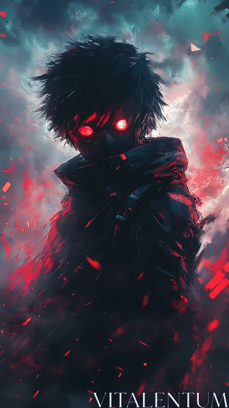 Hooded figure with glowing red eyes stands in smoky embers