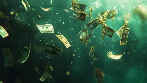 Floating Dollar Bills Underwater in Dramatic Cinematic Style.