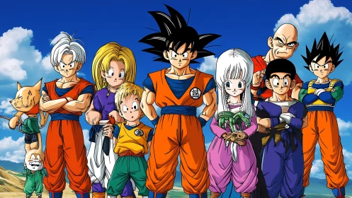 Ensemble anime heroes in frontal lineup under clear sky