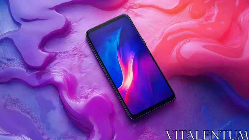 Sleek smartphone on vibrant abstract background, modern digital art.