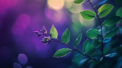 Macro foliage branch with bokeh in violet teal backlighting