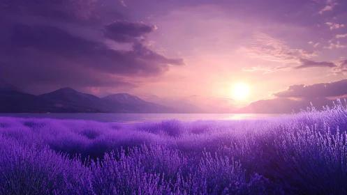 Lavender dusk over quiet water and distant violet hills.