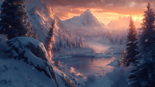 Golden winter mountains wrapped in soft sunset glow.