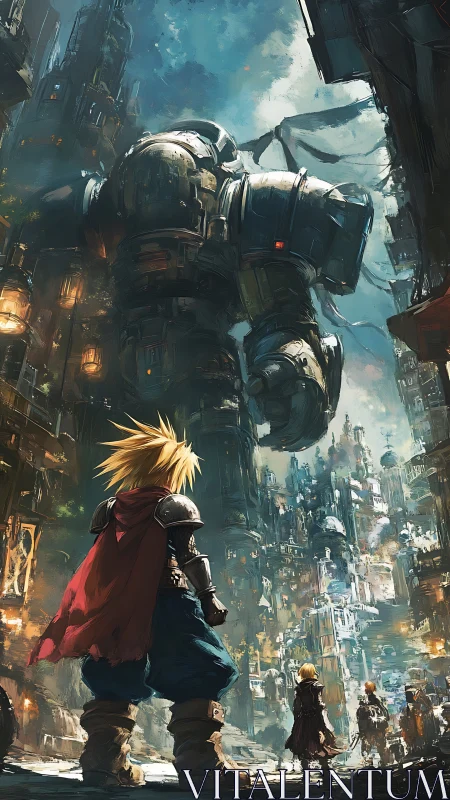 Young warriors confront colossal mech in sunlit steampunk city