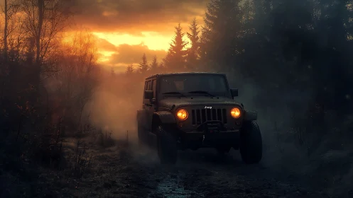 Headlights carve molten tunnels through a misty forest dusk