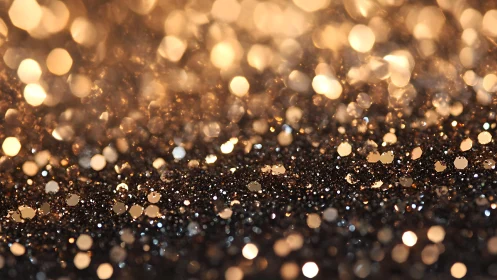 Golden glitter bokeh background with sparkling festive lights.