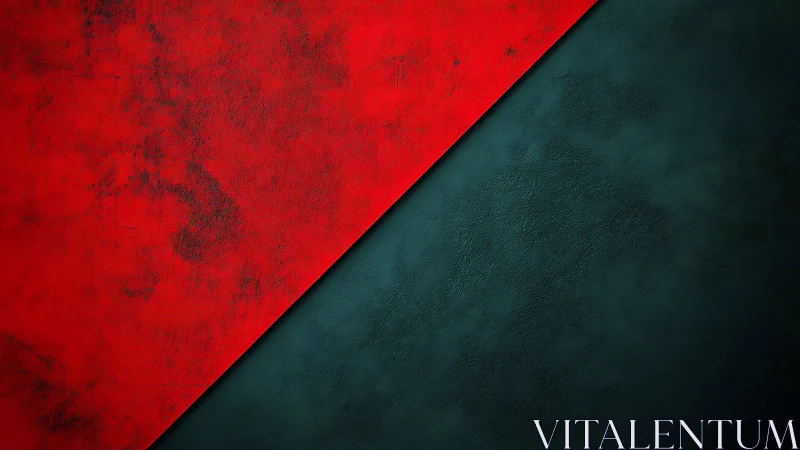 Diagonal division separates textured red and dark teal fields