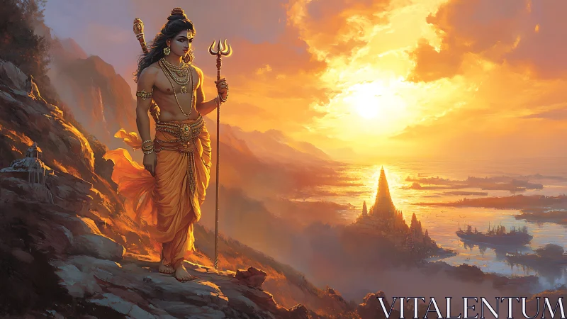 Figure with trident surveys coastal temple complex at sunset