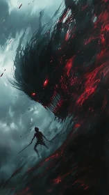 Swordsman confronts colossal shadow demon in crimson storm.
