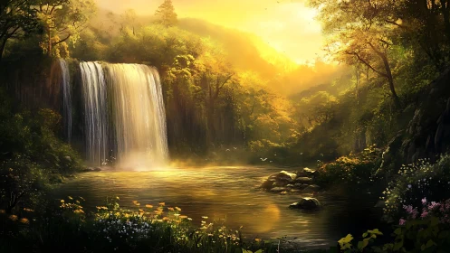 Golden hush over waterfall grove at enchanted sundown.